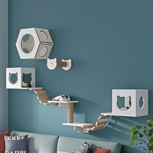 KEJIAWU Weiß Kletterwand Katzen,Massivholz & Jute, | Katzen-Tunnel, Katzenbrücke & Kratzregal, Katzenhängematte，Stabiles Kratzbaum Wand(9PCS-D) von KEJIAWU