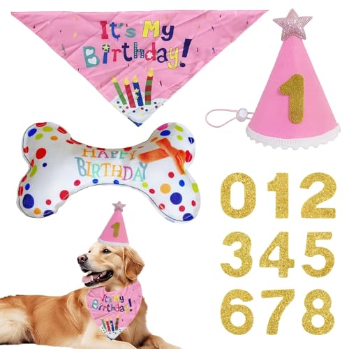 3 Stücke Hunde Geburtstags Set, Rosa hundegeburtstag Schal-Set, Mit 9 Bling hundekuchen Geburtstag Spielzeug,Hund Geburtstag Geschenk von KEORHEZ