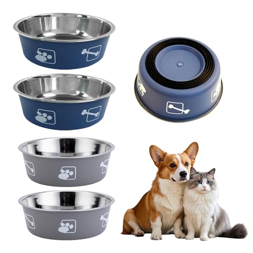 4-teiliges Hundenapf-Set aus Edelstahl mit Rutschfester Silikonbasis, 800ml Futternapf Hund, 17.5cm, Geeignet für Kleine, Mittlere und Große Hunde und Katzen Futternapf(Grauen und Blaugrauen) von KEORHEZ