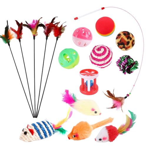 KEORHEZ 20 Katzenspielzeuge 40 cm Katzenangel Feder Und Katzenspielzeug Mäuse Bunte Federspielzeug Für Katzen Aus Naturfedern Für Bewegung & Interaktives Spiel von KEORHEZ