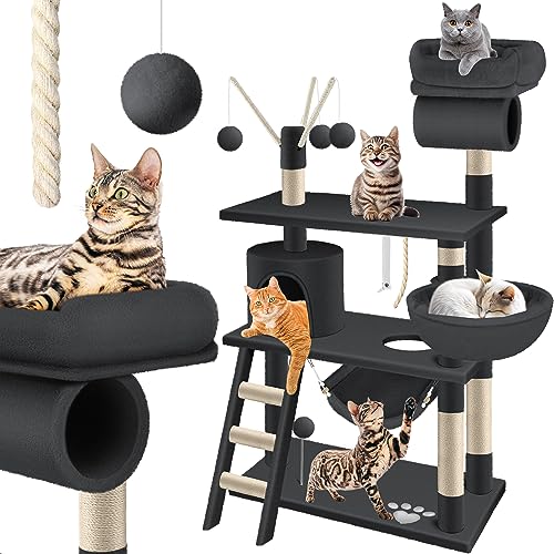 LOVPET® Kratzbaum Katzenbaum Kletterbaum mit Hängematte Sisalstämme stabil extra breit Treppe Höhlen Spielbälle SpielSisal Spielseil Höhe 143 cm mit vielen Spielmöglichkeiten dunkelgrau von Lovpet