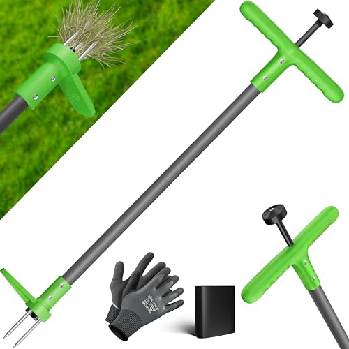 KESSER® Unkrautstecher mit Stiel | Unkrautentferner mit T-Griff & Fußpedal | Gartenwerkzeug effizientes Entfernen von Unkraut 3 Stahlzähne & Sprungfeder | Wurzelentferner mit Handschuhe & Schutzkappe von KESSER