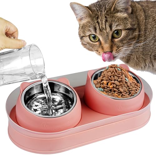 KEVIDEAWL Erhöhte Katzenfutternäpfe, erhöhter Katzennapf mit Ständer Edelstahl, geneigte Katzennäpfe Anti Erbrechen, Doppeltes Katzenfutter und Wassernapf Set für Katzen (Rosa) von KEVIDEAWL