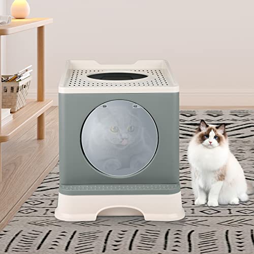 Katzentoilette für Katzen, großes Katzentoilettenhaus, faltbar, mit Deckel, Schublade und Schaufel, tragbar, WC für Katzen mit Deckel für Groß und Klein, Katzentoilette Zubehör (48 x 39 x 34 cm, Grau) von KEVO
