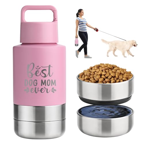 KEWIXY Isolierte Reise-Wasserflasche für Hunde mit abnehmbaren Näpfen, 3-in-1 tragbarer Hundewasserflaschenspender, Hundezubehör für Spaziergänge, Wandern, Camping, Outdoor (Best Dog Mom-Pink, 907.2 von KEWIXY