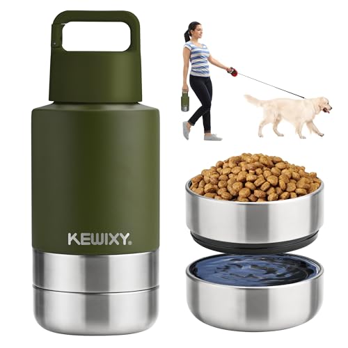 KEWIXY Isolierte Reise-Wasserflasche für Hunde mit abnehmbaren Näpfen, 3-in-1 tragbarer Hundewasserflaschenspender, Hundezubehör für Spaziergänge, Wandern, Camping, Outdoor (Olivgrün, 907.2 g) von KEWIXY