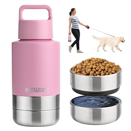 KEWIXY Isolierte Reise-Wasserflasche für Hunde mit abnehmbaren Näpfen, 3-in-1 tragbarer Hundewasserflaschenspender, Hundezubehör für Spaziergänge, Wandern, Camping, Outdoor (Rosa-Lila, 907.2 g) von KEWIXY
