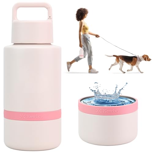 KEWIXY Isolierte tragbare Hundewasserflasche mit großer Schüssel, Hund Reise Wasserflasche Spender, Hundezubehör für Auto, Wandern, Camping, Outdoor, Auslaufsicher, Abnehmbar (Hellrosa) von KEWIXY