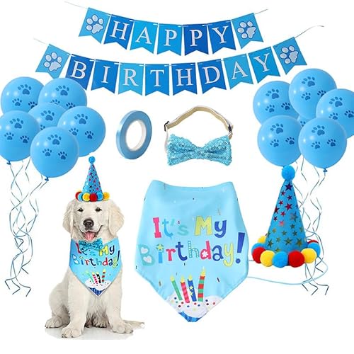 KFDDRN Hund-Geburtstags-Set, Hundegeburtstag Partyzubehör, Hund Geburtstag Hut, Hundehalstuch, Geburtstagsparty für Welpe Katze Haustiere (8 Stück Set) von KFDDRN
