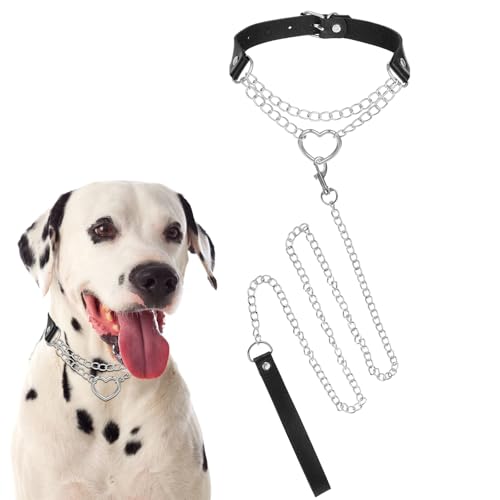 KFHENSOMR Leder-Halsband und Leine, Set für Hunde, Vintage-Stil, verstellbar, Herzring, Schlupfkette, Halskette, Haustier-Hunde, Emo, Gothic, Halloween, Cosplay, Geschenk, schwarzes Liebesherz KFHENSOMR Leder-Halsband und Leine, Set für Hunde, Vintage-Stil, verstellbar, Herzring, Schlupfkette, Halskette, Haustier-Hunde, Emo, Gothic, Halloween, Cosplay, Geschenk, schwarzes Liebesherz von KFHENSOMR