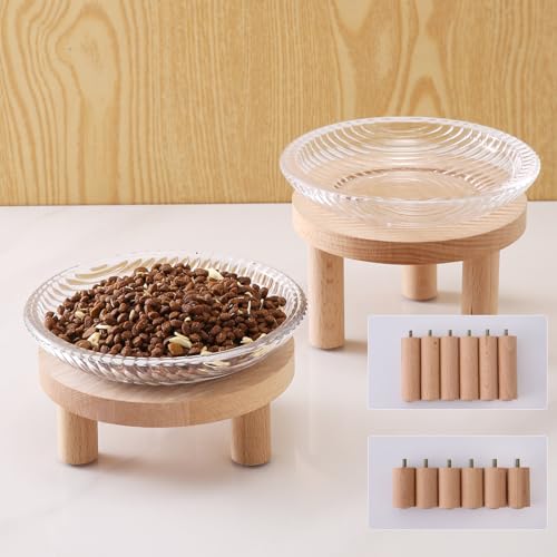 Erhöhter Schnurrhaar, Müdigkeit, Katzennäpfe aus Glas, erhöht, mit Holzbeinen in 2 Höhen, schützt die Wirbelsäule und verhindert Erbrechen, 2 Stück KGCCIZI von KGCCIZI