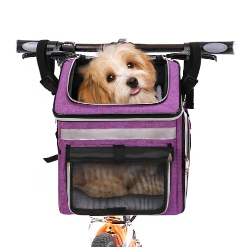KGMCARE Haustier Fahrradtasche für Hunde Katzen Sturdy Puppy Bike Bag Pet Rucksäcke mit 3 atmungsaktive Mesh-Fenster, erweiterbare Tragetasche für kleine mittlere Hunde Welpen und Katzen (Lila) von KGMCARE