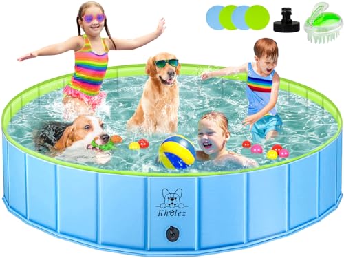 KHOLEZ Hundepool, 160 x 30CM Hundebadewanne für Große Kleine Hunde, Faltbarer Hund Planschbecken für Kinder, Tragbar Swimmingpool Schwimmbecken Rutschfest mit Badebürste Ablassventil PVC - Aufnäher x4 von KHOLEZ