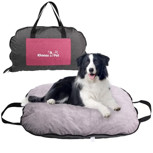 Tragbare wasserdichte Hundematte für Camping, Terrasse und Reisen, faltbares Outdoor-Hundebett mit Teflon-Schale und abnehmbarem Plüsch-Pad, leicht zu reinigen, langlebig, Größe L (Hanfgrau) von KHONSU PET