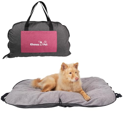 Tragbare wasserdichte Hundematte für Camping, Terrasse und Reisen, faltbares Outdoor-Hundebett mit Teflon-Schale und abnehmbarem Plüsch-Pad, leicht zu reinigen, langlebig, Größe L (Hanfgrau) von KHONSU PET