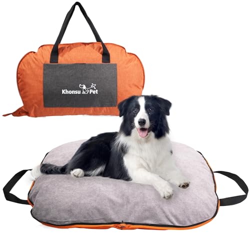 Tragbare wasserdichte Hundematte für Camping, Terrasse und Reisen, faltbares Outdoor-Hundebett mit Teflon-Schale und abnehmbarem Plüsch-Pad, leicht zu reinigen, langlebig, Größe L (Hellorange) von KHONSU PET