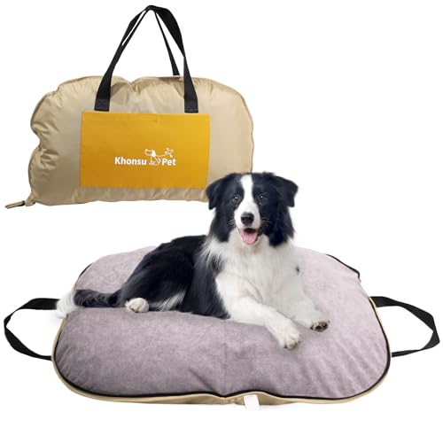 Tragbare wasserdichte Hundematte für Camping, Terrasse und Reisen, faltbares Outdoor-Hundebett mit Teflon-Schale und abnehmbarem Plüsch-Pad, leicht zu reinigen, langlebig, Größe L (Khaki) von KHONSU PET