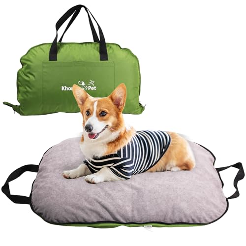 Tragbare wasserdichte Hundematte für Camping, Terrasse und Reisen, faltbares Outdoor-Hundebett mit Teflon-Schale und abnehmbarem Plüsch-Pad, leicht zu reinigen, langlebig, Größe M, Salbeigrün von KHONSU PET