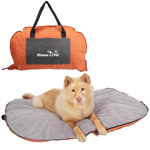 Tragbare wasserdichte Hundematte für Camping, Terrasse und Reisen, faltbares Outdoor-Hundebett mit Teflon-Schale und abnehmbarem Plüsch-Pad, leicht zu reinigen, langlebig, Größe M (Hellorange) von KHONSU PET