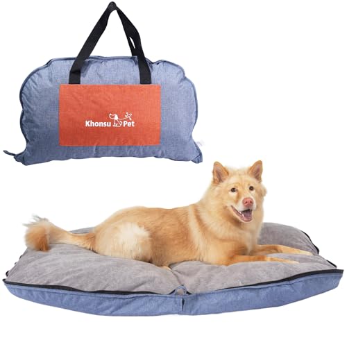 Tragbare wasserdichte Hundematte für Camping, Terrasse und Reisen, faltbares Outdoor-Hundebett mit Teflon-Schale und abnehmbarem Plüsch-Pad, leicht zu reinigen, langlebig, Größe S (Denim-Blau) von KHONSU PET