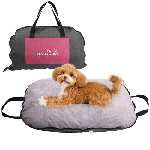 Tragbare wasserdichte Hundematte für Camping, Terrasse und Reisen, faltbares Outdoor-Hundebett mit Teflon-Schale und abnehmbarem Plüsch-Pad, leicht zu reinigen, langlebig, Größe S (Hanfgrau) von KHONSU PET