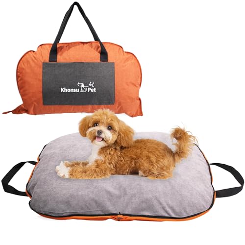 Tragbare wasserdichte Hundematte für Camping, Terrasse und Reisen, faltbares Outdoor-Hundebett mit Teflon-Schale und abnehmbarem Plüsch-Pad, leicht zu reinigen, langlebig, Größe S (Hellorange) von KHONSU PET