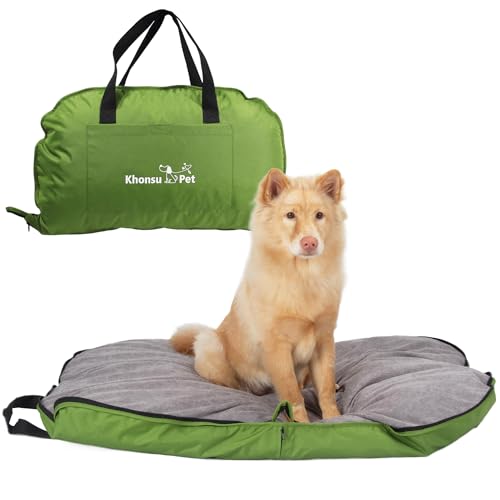 Tragbare wasserdichte Hundematte für Camping, Terrasse und Reisen, faltbares Outdoor-Hundebett mit Teflon-Schale und abnehmbarem Plüsch-Pad, leicht zu reinigen, langlebig, Größe S (Salbeigrün) von KHONSU PET