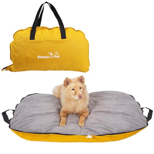 Tragbare wasserdichte Hundematte für Camping, Terrasse und Reisen, faltbares Outdoor-Hundebett mit Teflon-Schale und abnehmbarem Plüsch-Pad, leicht zu reinigen, langlebig, Größe S (Zitronengelb) von KHONSU PET