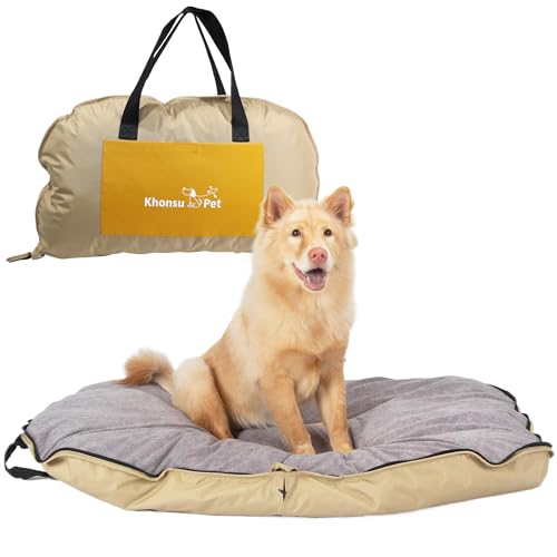 Tragbare wasserdichte Hundematte für Camping, Terrasse & Reisen – Faltbares Outdoor-Hundebett mit Teflonhülle & abnehmbarem Plüschpolster – leicht zu reinigen, langlebig – M (Khaki) von KHONSU PET