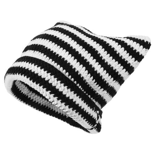 KICHOUSE Gestreifte Katzenhut Mütze gestrickt Hüte für Katzen Hallo Fell Haustier Unisex Hut Katzenhüte Wolle Hüte für Frauen gefüttert Warme Hüte Warmer Hut Unisex-Hüte Strickkappe Acryl von KICHOUSE