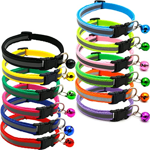 Flohkragen, 12 Pcs Reflektierende Katzenkragen Bequeme Verstellbare Kragen, Kätzchenschnallen Accessoires mit Glocken für Kleine Haustiere Farbe Zufällig von KIMISS