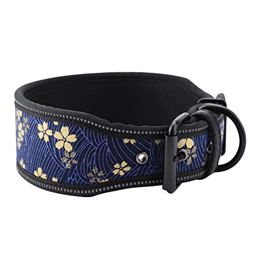 Haustierkragen Nylon, Basiskragen Reflektierende Schnallenhund mit Weicher Polsterung für Mittlere und Große Hunde Marine Blue Blumen M (L) von KIMISS
