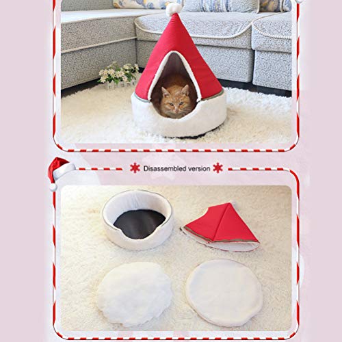 KIMISS Bequemes Katzenzelthöhlenbett - Weihnachtsbaumkatze Haus mit Warmes Weiches Baumwoll für Katzen und Kleine Hunde, Gemütliches Dreieck -Design, Abnehmbar und Waschbar (Rot) von KIMISS