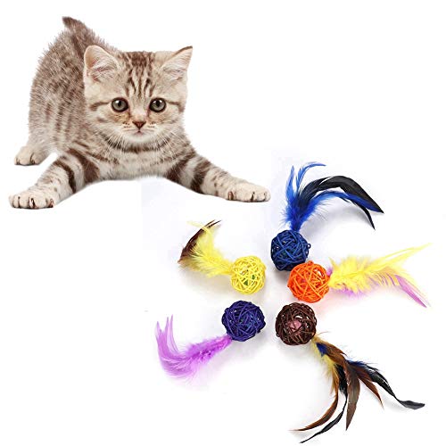 KIMISS Buntes Katzenspielzeug – 5er-Pack Natürliche Rankenbälle mit Federn und Glöckchen, Interaktive Kätzchen-Spielbälle – Zufällige Farben von KIMISS