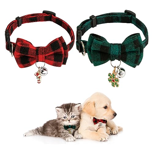 2 Stück Christmas Hundehalsband, Weihnachtliches Klassisches Kariertes Hundehalsband Verstellbares Haustierhalsband mit Schleife und Weihnachtsanhänger für Kleine Hunde und Katzen von KINBOM