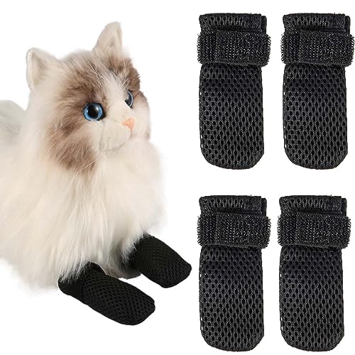 4St Anti Kratz Katzenfäustlinge, Verstellbar Netzstoff Katzenschuhe, Atmungsaktiv Katzenpfotenschutz, Katzenstiefel zum Baden von Haustieren, Schneiden von Nägeln, Überprüfen (L, Schwarz) von KINBOM