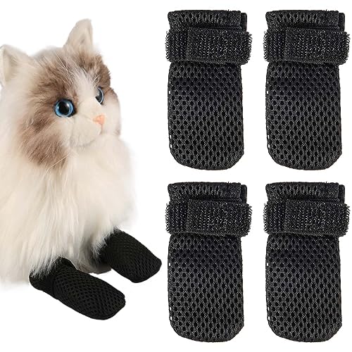 KINBOM 4St Anti Kratz Katzenfäustlinge, Verstellbar Netzstoff Katzenschuhe, Atmungsaktiv Katzenpfotenschutz, Katzenstiefel zum Baden von Haustieren, Schneiden von Nägeln, Überprüfen (XL, Schwarz) von KINBOM