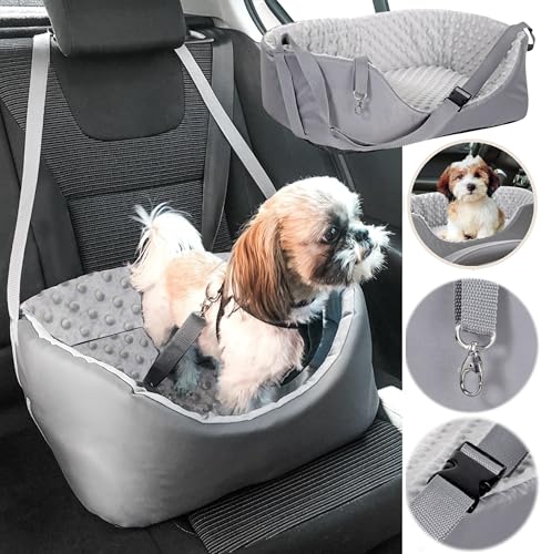 KING DOG Autositz für Hunde bis 8 kg Hundesitz Auto Vorne oder Hinten Transportbox mit Sicherheitsgurt-Clip und Weichem Kissen Faltbar Waschbar Für SUV PKW von KING DOG