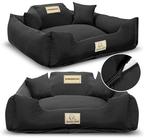 KING DOG Hundebett Grosse Hunde Waschbar L 100 x 75 cm Hundekissen Hundekorb Personalisiert - Name des Hundes Mit Reißverschluss Abnehmbares Kissen rutschfeste Unterseite Silikon Füllung Schwarz von KING DOG