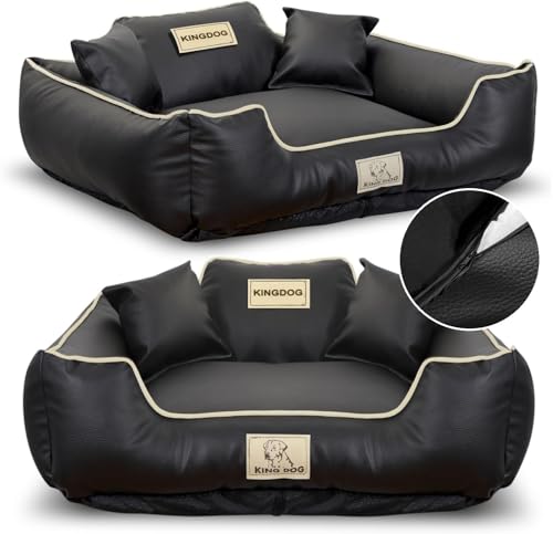 KING DOG Hundebett Hundebox aus Kunstleder L 100x75 cm personalisierbar mit Namen Abnehmbarer Bezug rutschfest Schwarz von KING DOG