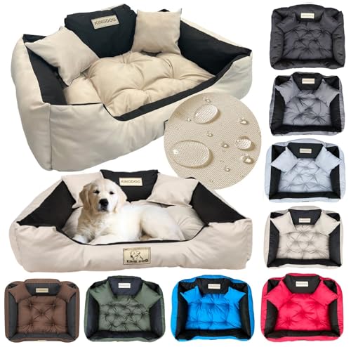 KING DOG Hundebett Mittelgroße Hunde Waschbar M 75 x 65 cm Hundekissen Haustierbett Hundekorb Personalisiert - Name des Hundes Wasserdichtes Material Silikon Füllung Beige von KING DOG