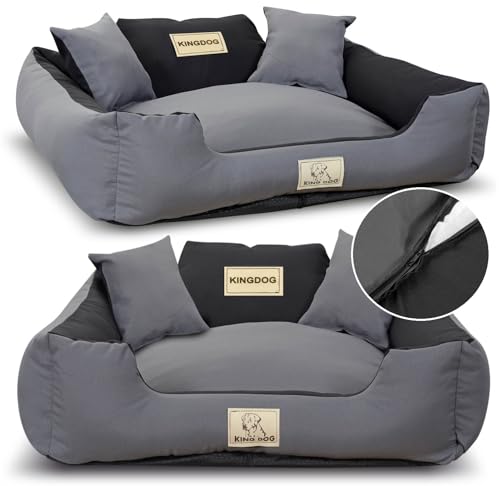 KING DOG Hundebett Mittelgroße Hunde Waschbar M 75 x 65 cm Hundekissen Hundekorb Personalisiert - Name des Hundes Mit Reißverschluss Abnehmbares Kissen rutschfeste Unterseite Silikon Füllung Grau von KING DOG