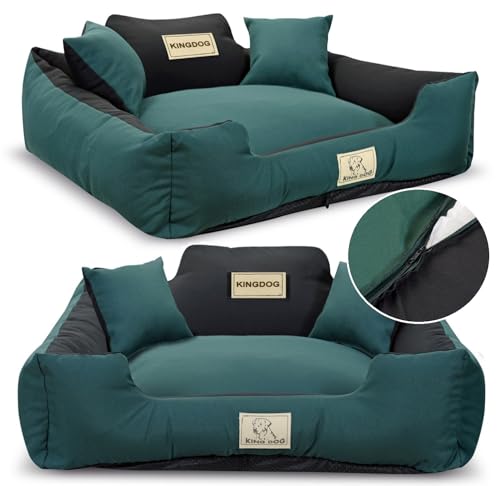 KING DOG Hundebett Mittelgroße Hunde Waschbar M 75 x 65 cm Hundekissen Hundekorb Personalisiert - Name des Hundes Mit Reißverschluss Abnehmbares Kissen rutschfeste Unterseite Silikon Füllung Grün von KING DOG
