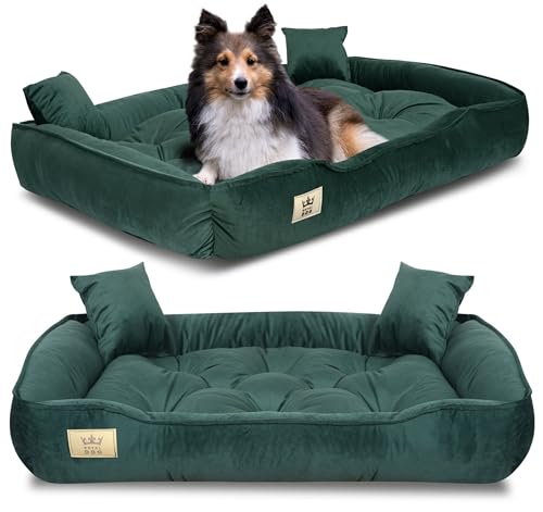 KING DOG Hundebett Mittelgroße Hunde Waschbar M 75 x 65 cm aus Velours Hundekissen Haustierbett Hundekorb Hundebett Abwaschbar Orthopädisches Hundebetten Leicht zu reinigen Silikon Füllung Grün von KING DOG