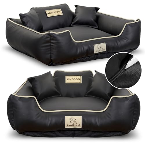 KING DOG Hundebett Mittelgroße Hunde Waschbar M 75x65 cm aus Öko-Leder Hundekissen Haustierbett Hundekorb | Personalisiert - Name des Hundes | Wasserdichtes Material Silikon Füllung Schwarz von KING DOG