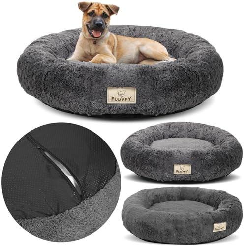 KING DOG Hundebett rundes Kuschelbett XL 100 cm weiches Hundekissen mit Plüsch Bezug herausnehmbares Innenkissen Rutschfester Boden waschbar von KING DOG