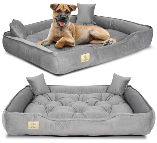 KING DOG Hundebett sehr Grosse Hunde Waschbar XXL 130 x 105 cm aus Velours Hundekissen Haustierbett Hundekorb Hundebett Abwaschbar Orthopädisches Hundebetten Leicht zu reinigen Silikon Füllung Grau von KING DOG
