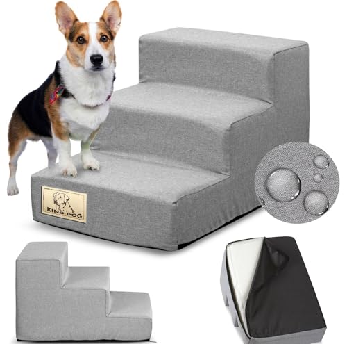 KING DOG Hundetreppe für Kleine Hunde 3-Stufig Haustiertreppe für Bett und Sofa aus Hochdichtem Schwamm Hunde Treppe Hunderampe mit Abnehmbarem Waschbarem Bezug und Rutschfestem Boden 45 x 30 x 30 cm von KING DOG