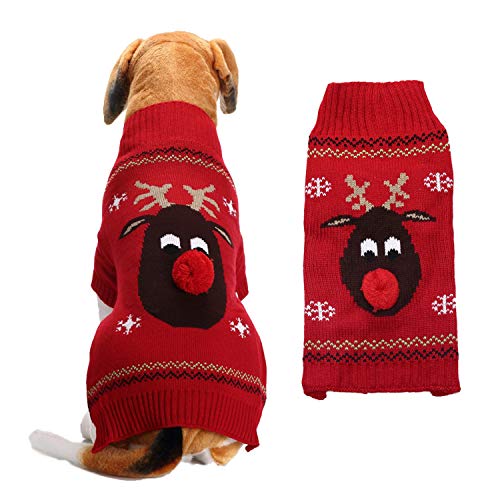 KINGBOO Weihnachtlicher Strickpullover für Hunde, Rentier und Katzen, mit roter Nase, Größe L von KINGBOO