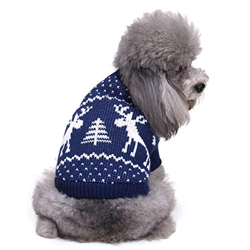 KINGBOO Weihnachtspullover für Hunde, Katzen, Welpen, Strickwaren, Weihnachtspullover, Sweatshirt für Kätzchen, süßes Rentier-/Elch-Kostüm für Haustiere, Größe S, Blau von KINGBOO
